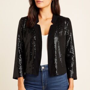 Anthropologie Black Sequin Faux Suede Moto Blazer Jacket NWT S Open Front Party